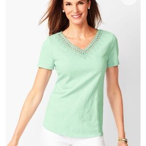 Talbots Lace Embroidered Trim V Neck Short Sleeve T-shirt Size Large